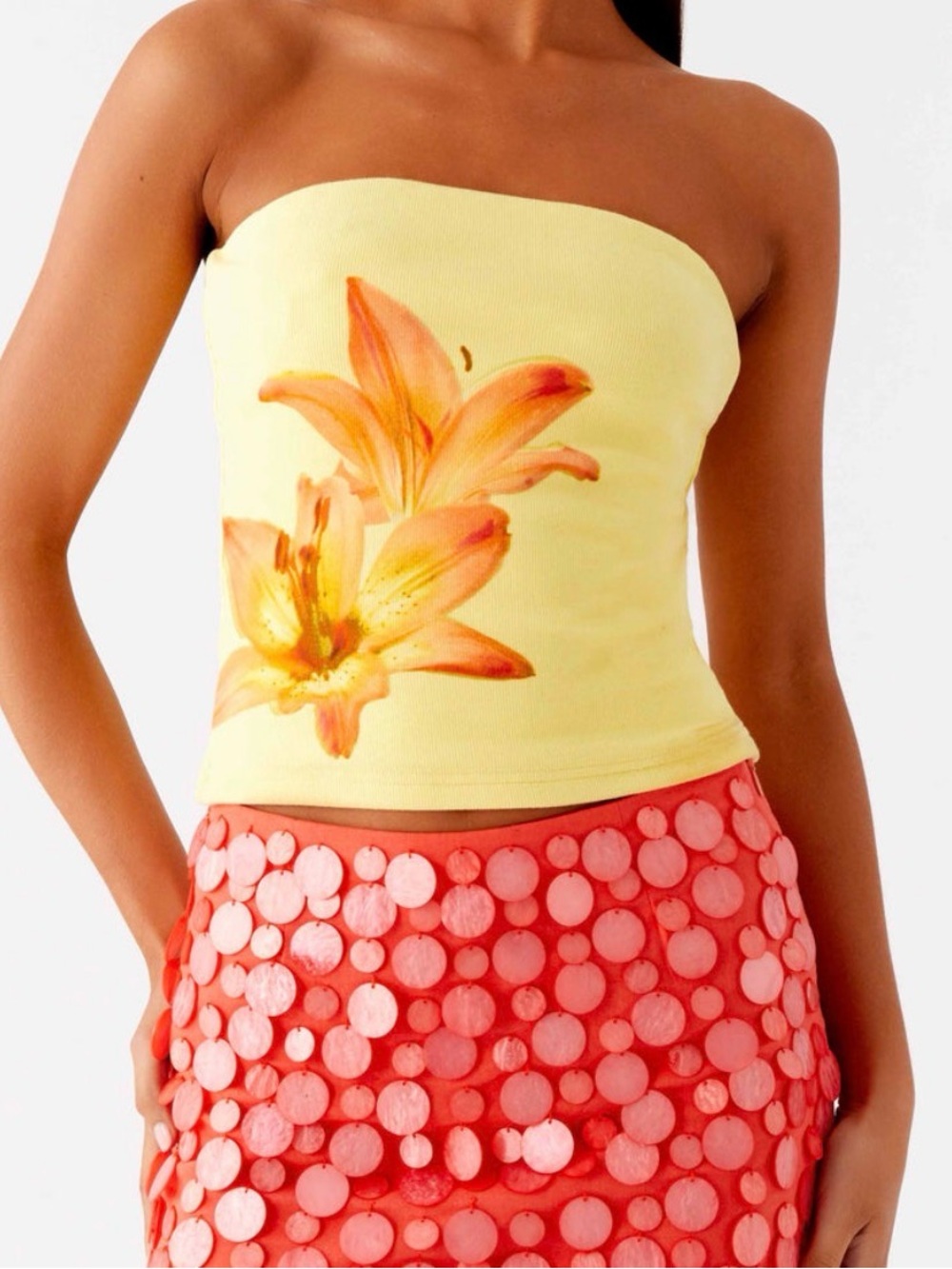 Peppermayo Yellow Strapless Tube Top with Orange Floral Print